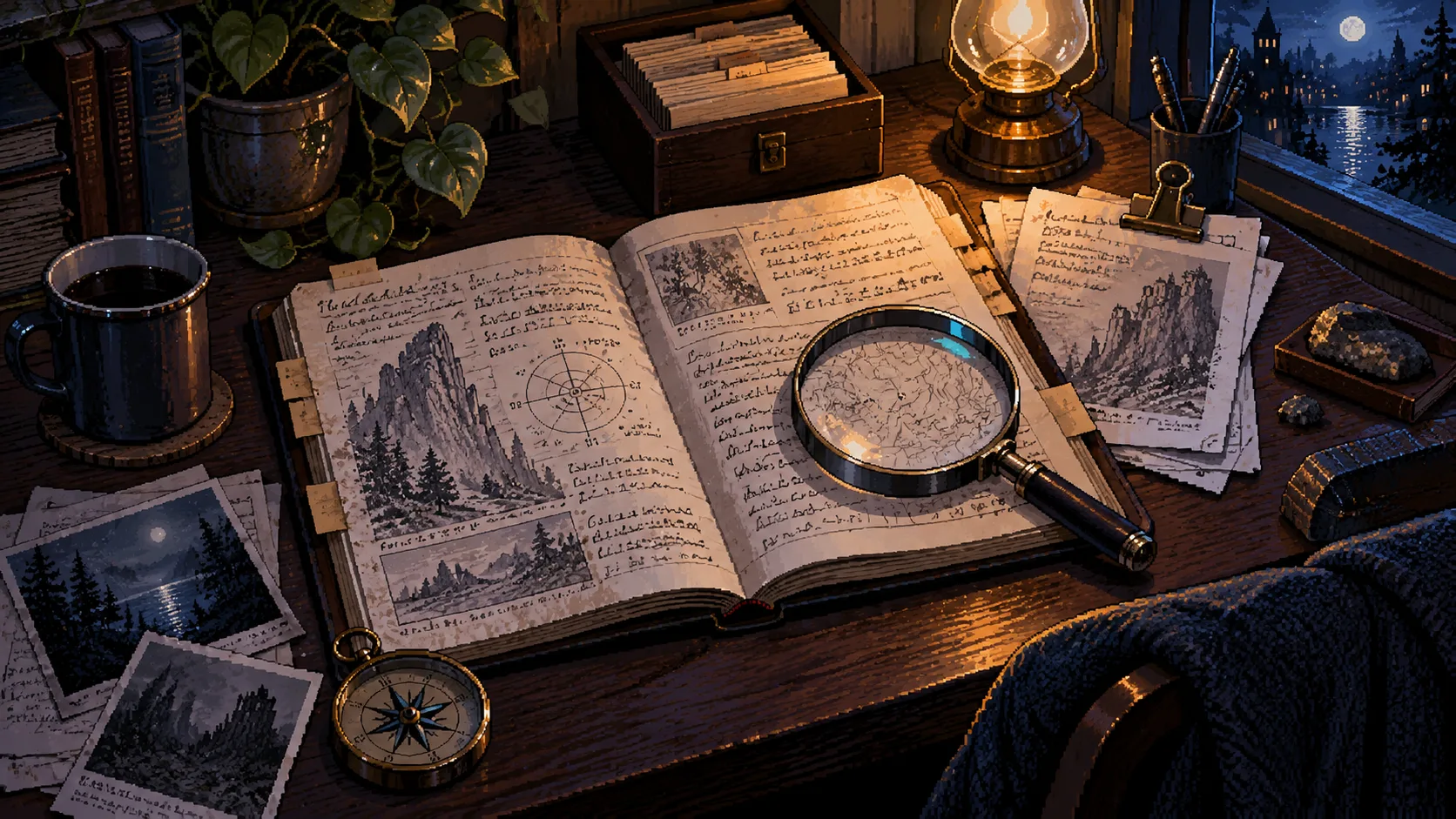Ilustración: una lupa sobre un cuaderno de campo y documentos de referencia.