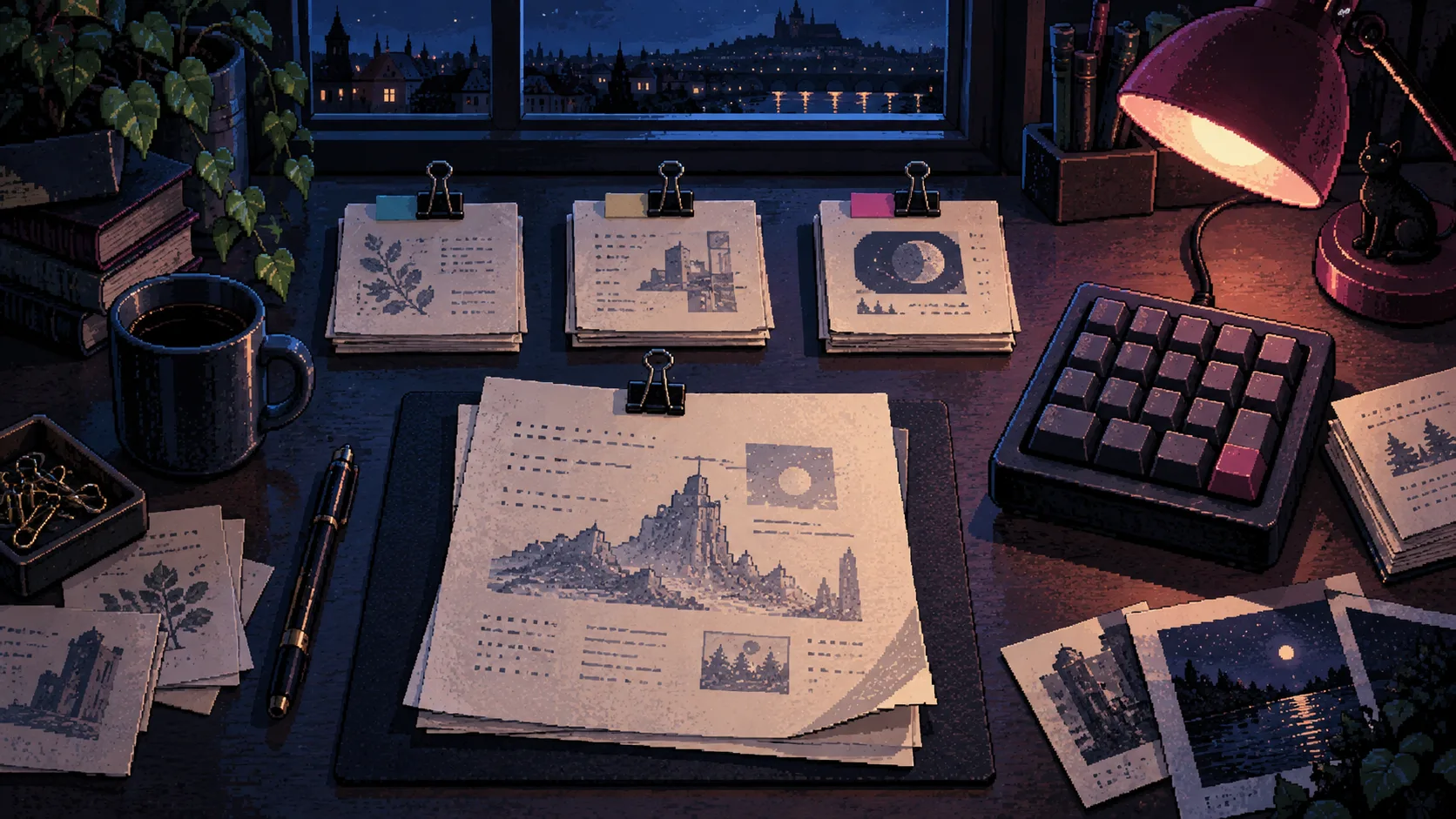 Ilustración de Multicopynator: fragmentos de papel organizados junto a un teclado de macros.