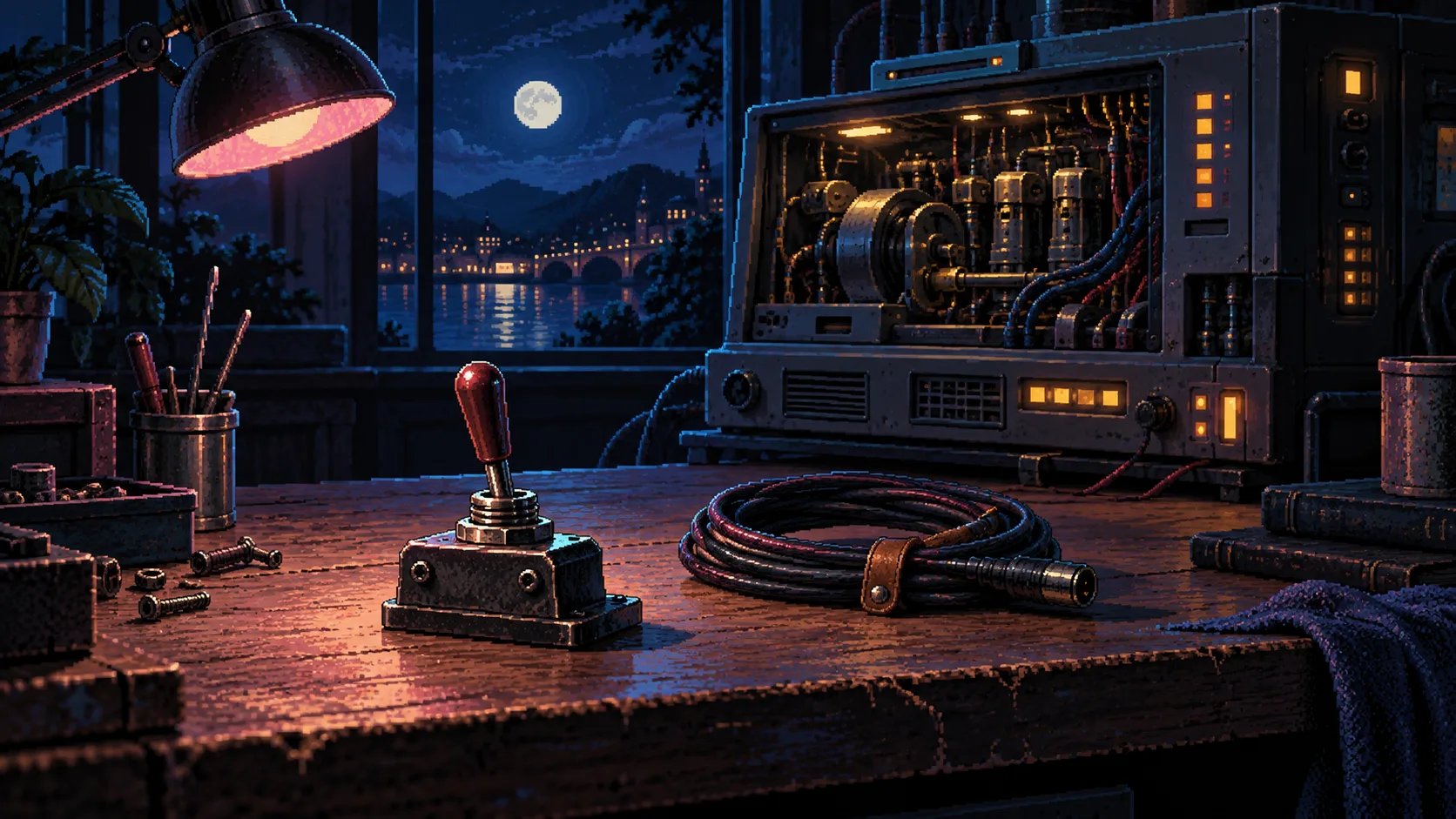 Ilustración: un control sencillo frente a una máquina de automatización en un taller nocturno.