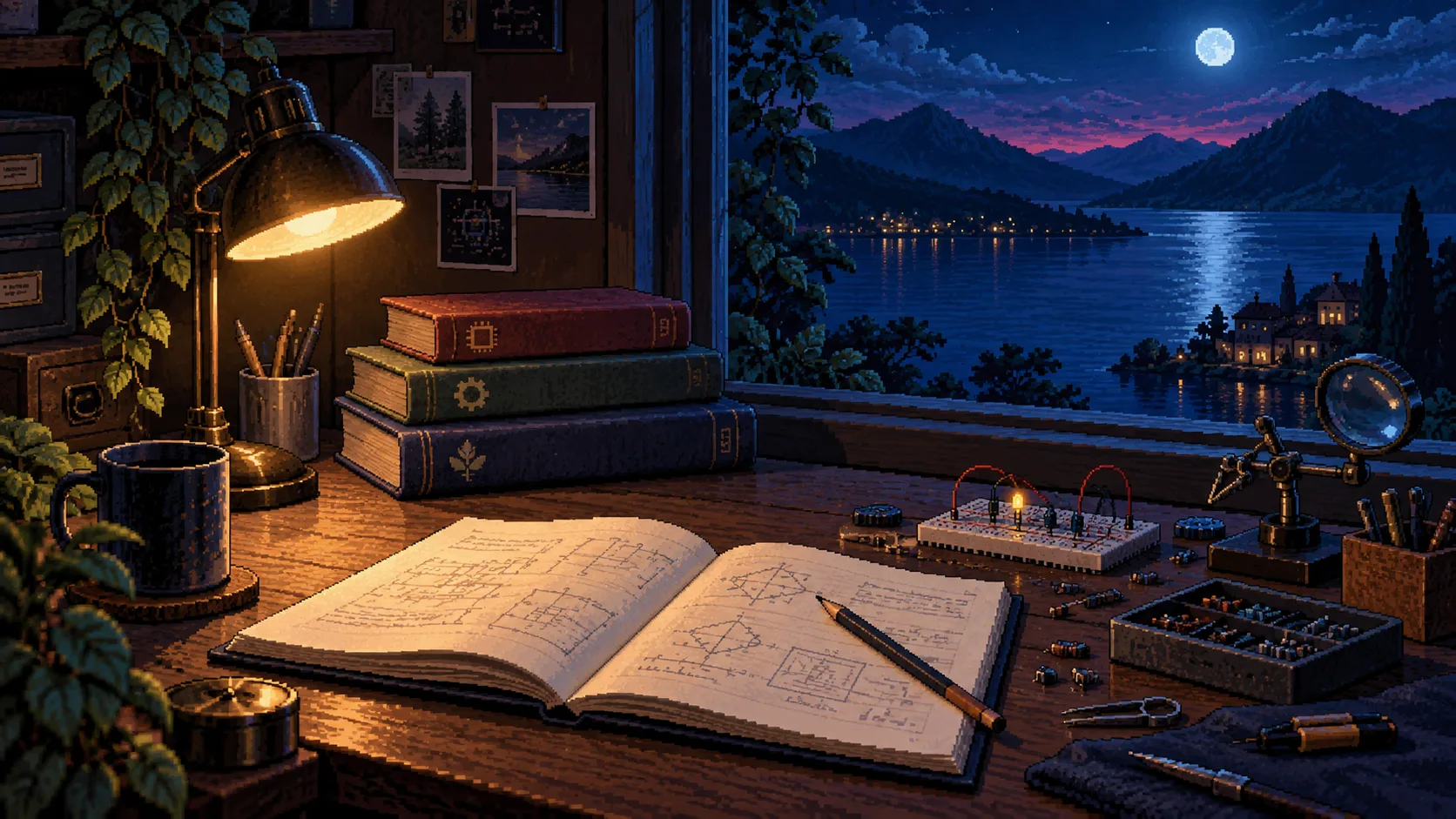 Ilustración de Zero2Hero: un manual abierto, libros y ejercicios de circuitos en un escritorio nocturno.