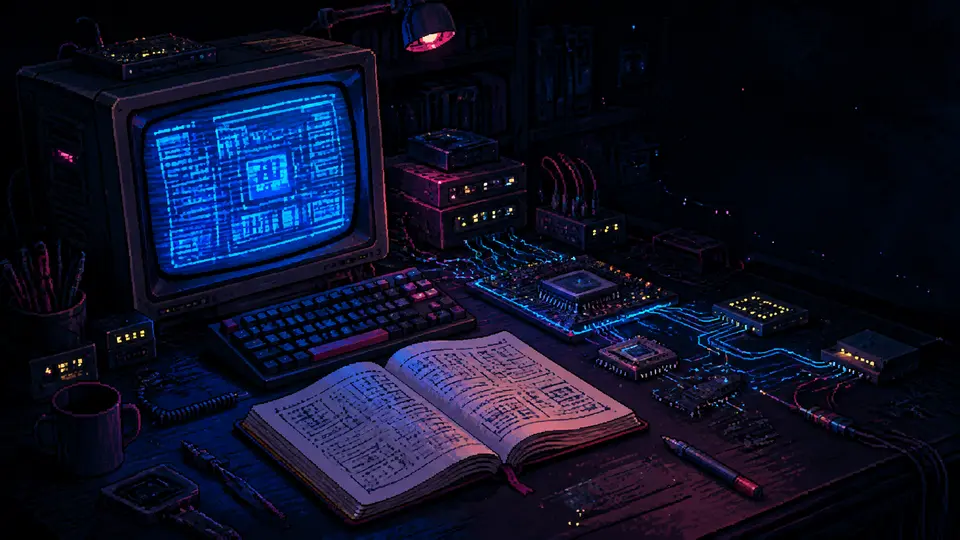 Banco de trabajo retrofuturista con ordenador y cuaderno técnico